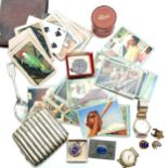 Oddments inc stamps, CWS tea cards set, lifesaving medal, 2 watches (a/f), brooch, cigarette case