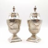 Pair of antique silver classical urn shape pepperettes - 8.5cm high & 86g ~ slight distortion to