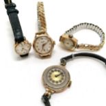 4 x 9ct gold cased metal / leather strapped vintage watches - largest lacks front - all for spares /