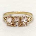 9ct hallmarked gold 3 stone morganite ring - size P & 1.9g total weight