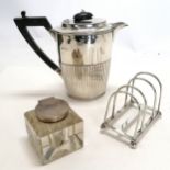 Silver half fluted hot water jug (slight a/f), silver toastrack (missing centre divider) & glass