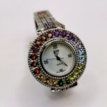 Silver & opal ladies quartz wristwatch - not running - needs battery ? ~ 27g total weight