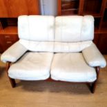 Vintage G-Plan mahogany and cream leather 2 seater sofa. 139cm wide x 90cm high x 85cm deep. In