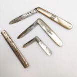 3 x silver bladed antique fruit knives (all slight a/f) t/w silver cased pencil (9cm long & has