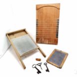 Shove ha'penny board (60cm x 36cm), washboard, 2 antique keys, antique wood framed slate,