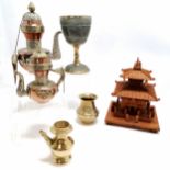 Oriental items inc wooden model of temple, antique bronze chalice with relief decoration and