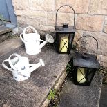 Pair of garden lanterns T/W 2 small painted watering cans