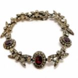 Unmarked vintage silver bracelet set with amethysts & paste - total weight 19g
