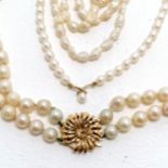 9ct gold clasp double strand pearl necklace - 40cm long (lacks pearl to clasp & pearls approx 6.