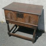 Antique Oak bible box on stand 57cm wide x 37cm deep x 59cm high. Old repairs to split in lid,