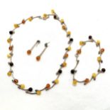 Silver marked and amber bracelet / necklace (44cm) / earrings - total weight 27g