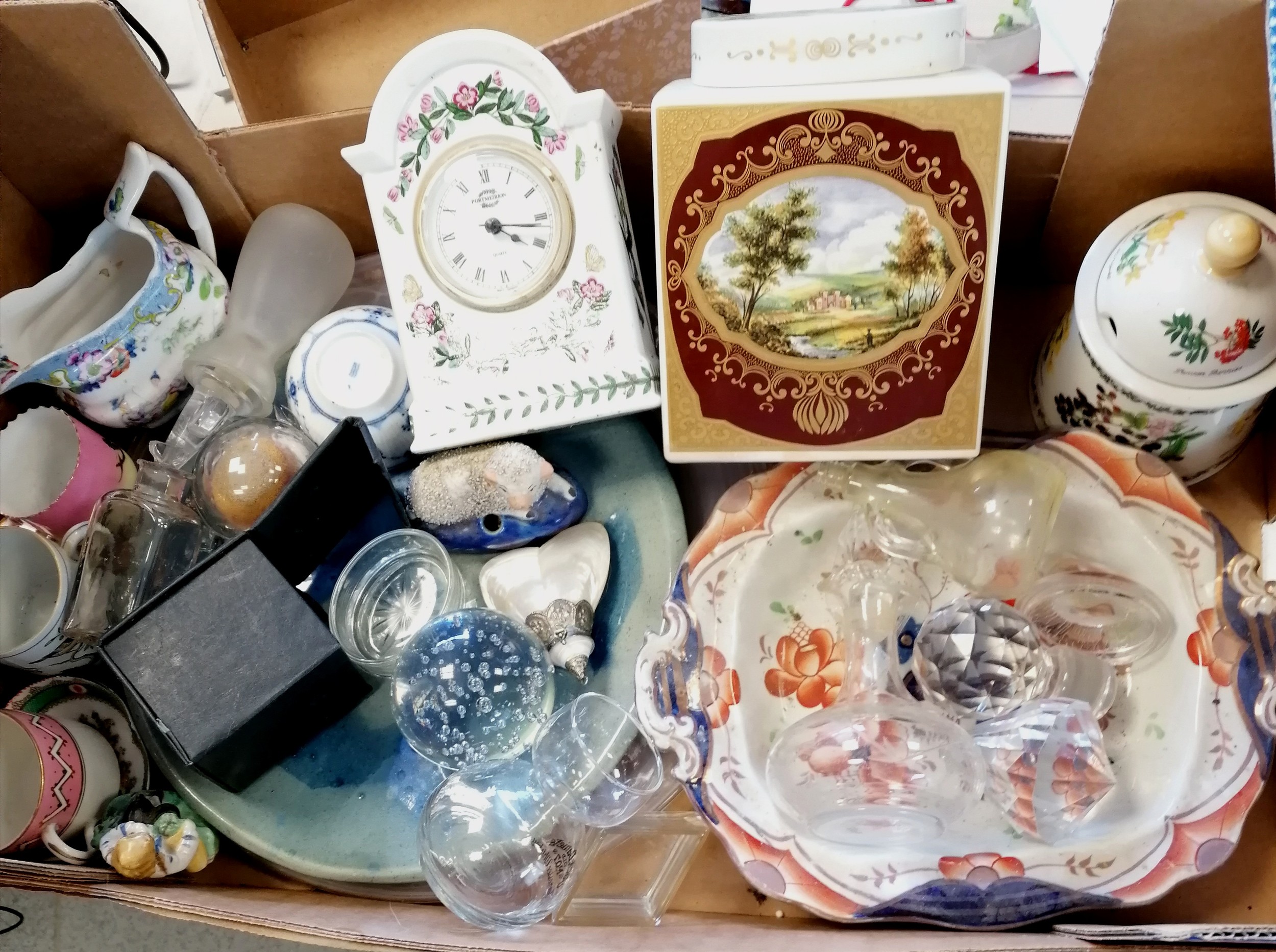 Staffordshire sheep inkwell, Portmeirion quartz clock, Royal Cauldon pottery tea cannister t/w glass