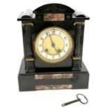 Victoian slate & marble decorated mantle clock with gong strike mechanism - 28cm high 23cm wide &