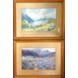 Pair of framed watercolours by J. MacWhirter titled 'Midst Mountain and lake' and 'June in the