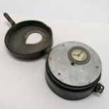 Nightwatchman's circular clock in original leather case (14cm diameter & runs) - WE CANNOT GUARANTEE