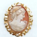 9ct marked gold hand carved shell cameo portrait brooch - 4.7cm & 9.9g total weight ~ in good used