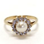 9ct hallmarked gold pearl & tanzanite cluster ring - size P & 2g total weight
