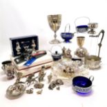 Qty of plated ware inc large EPNS chalice (22cm high), animal figures, spoons, bottle holder etc