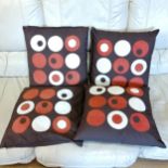 Four vintage brown cushions with patterned fronts in good used condition 43cm x 43cm