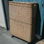 Vintage industrial wicker basket on wheels 86cm wide x 36cm deep x 124cm high