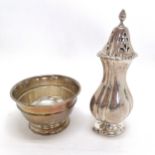 Silver caster (18cm high) t/w silver small rose bowl (10.5cm diameter) - 301g ~ both have slight