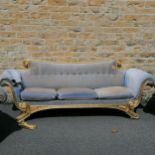 Giltwood framed three seater sofa and two armchairs (120cm wide) 250cm wide x 86cm high x 85cm deep.