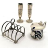 Silver toastrack, lidded mustard pot with blue liner (5cm high) & pair of silver spill vases with