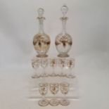 Victorian set of 8 liqueur glasses 8cm high, and 2 matching decanters, 1 has deposits inside and the