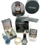 6 x watches inc Seiko, Citizen eco-drive, Stührling automatic, Swatch Irony bangle watch etc - all
