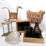 Wicker work basket (35cm x 26cm high) t/w brass decorated lidded pot & 2 beakers, bronze bell deity,