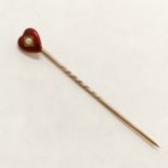 Antique unmarked gold stick pin with enamel heart terminus set with a pearl in original retail