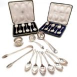 2 x cased sets of silver teaspoons (inc trefid), Georgian silver tongs, napkin ring & silver