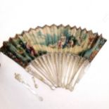 Antique fan with hand painted scene of cupid with mother of pearl stays - a/f but painting in good