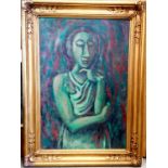 Large framed continental oil painting on canvas of a lady in a reflective pose with monogram to