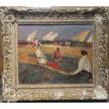 Framed oil painting on panel of a beach scene with boats signed lower left - 69cm x 60cm ~ losses to