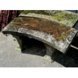 Large scale curved bench in 3 parts, with good patination. slight damage to bases. 115cm long x 50cm