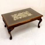Mahogany coffee table on 4 cabriole legs, greek key detail to border of top & inset with floral