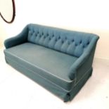 Small antique blue upholstered button back sofa 150cm wide x 66cm high x 70cm deep