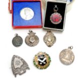 1937 George VI coronation medal in box, GPO rifle club, silver gilt & enamel brewery brooch /