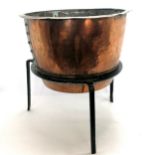 Antique copper log bin by Edward Villers Wilkes on an iron stand - 53cm diameter & 60cm