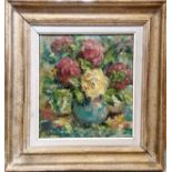 Framed oil painting on canvas of a vase of roses signed D S..p - 52cm x 49cm