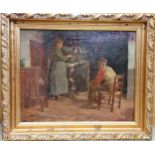 Framed oil painting on canvas of a couple in an interior scene signed A Dewaele - 49cm x 41cm