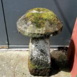 Antique carved stone staddle stone in 2 parts with good patination. 50cm diameter x 84cm high