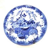 Large Japanese antique blue & white decorated wall charger depicting carp, butterfly, crayfish &