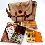 Bob Church & Co canvas trout fishing bag with 3 boxes of trout flies t/w 1989 book The flytier's