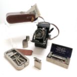 2 x vintage cased razors, Ronson & Polo lighter t/w Voigtlander Bessa camera in case & with original