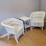 Pair of white painted wicker chairs and bamboo painted table, one chair has small damage to the seat