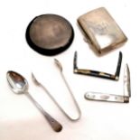 Silver cigarette case, silver compact - both a/f t/w silver tongs, spoon & silver bladed fruit knife