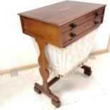 Antique mahogany inlaid sewing table with lift up lid & cloth covered drawer and is complete with