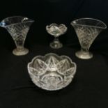 Pair of cut glass vases (26cm) t/w bowl & tazza - chips to base of tazza otherwise in good used